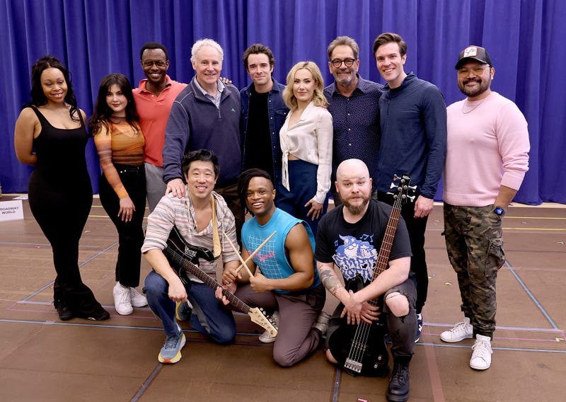 (Top L-R) Tamika Lawrence, Zoe Jensen, Josh Breckenridge, John Dossett, Corey Cott, McKenzie Kurtz, Huey Lewis, Billy Harrington Tighe and Orville Mendoza (Bottom L-R) Raymond J. Lee, John Michael Lyles and F. Michael Haynie attend "The Heart Of Rock And Roll" Broadway Photo Call at New 42 Studios on March 04, 2024
