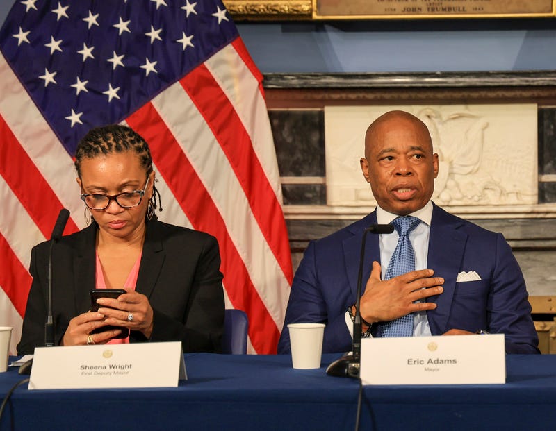 Mayor Eric Adams is flanked by his Deputy Mayor Sheena Wright during a news conference in the City Hall Blue Room on March 5, 2024