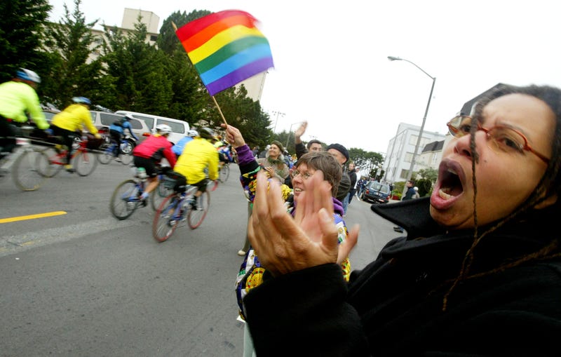 Diane Parker of Alameda, California, cheers cyclists at the beginning of the second annual AIDS/LifeCycle event June 8, 2003 in San Francisco, California.