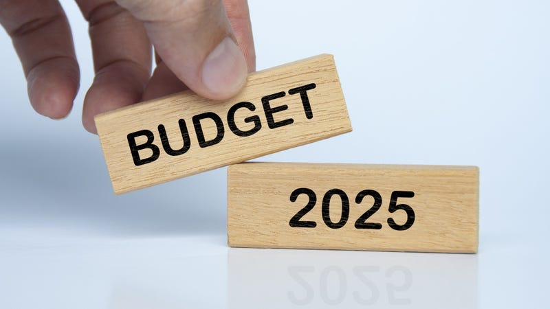 Hand holding wooden block with Budget 2025 text on white background
