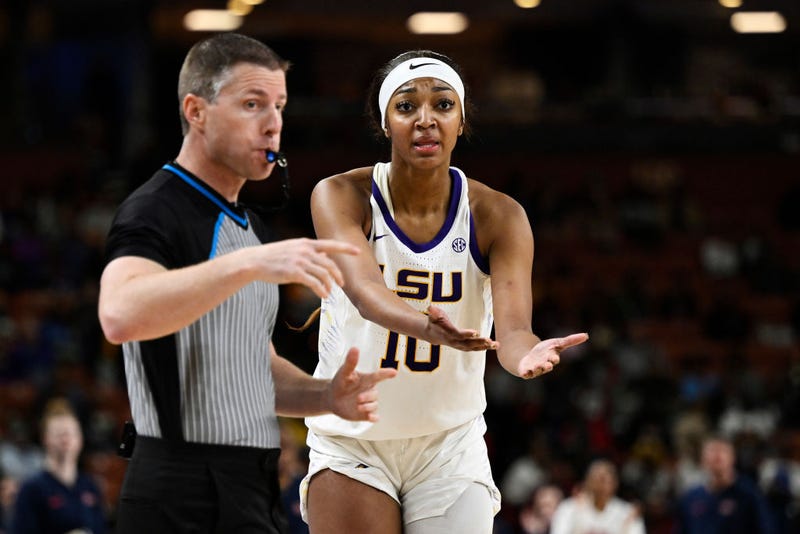  Angel Reese #10 of the LSU Lady Tigers reacts to a call against the Ole Miss Rebels in the third quarter during the semifinals of the SEC Women's Basketball Tournament at Bon Secours Wellness Arena on March 09, 2024 in Greenville, South Carolina. (Photo by Eakin Howard/Getty Images)