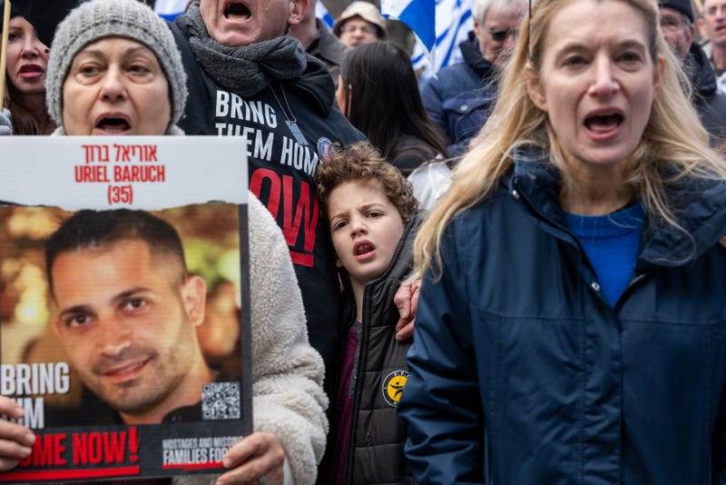 People participate in a march and rally to demand that the Israeli hostages being held in Gaza be brought home on March 10, 2024 in New York City. Holding placards and carrying Israeli flags, dozens walked through Central Park demanding that the 134 people still being held hostage in Gaza be freed. All were captured in the October 7 Hamas attack on Israel, in which over 1,000 Israelis were were killed. (Photo by Spencer Platt/Getty Images)