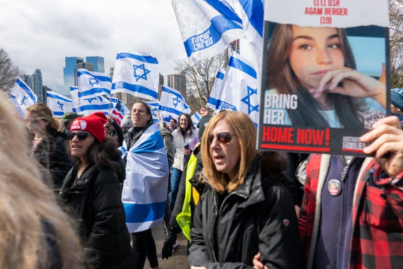People participate in a march and rally to demand that the Israeli hostages being held in Gaza be brought home on March 10, 2024 in New York City. Holding placards and carrying Israeli flags, dozens walked through Central Park demanding that the 134 people still being held hostage in Gaza be freed. All were captured in the October 7 Hamas attack on Israel, in which over 1,000 Israelis were were killed.