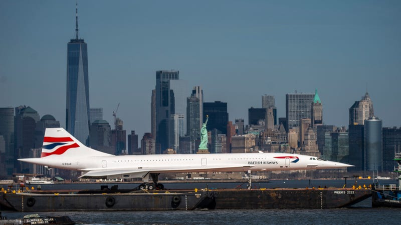 A retired British-Airways Concorde supersonic airliner is moved on a barge up the Hudson River on March 13, 2024