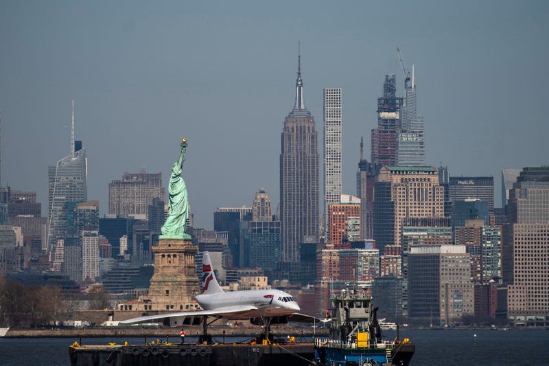 A retired British-Airways Concorde supersonic airliner is moved on a barge up the Hudson River on March 13, 2024
