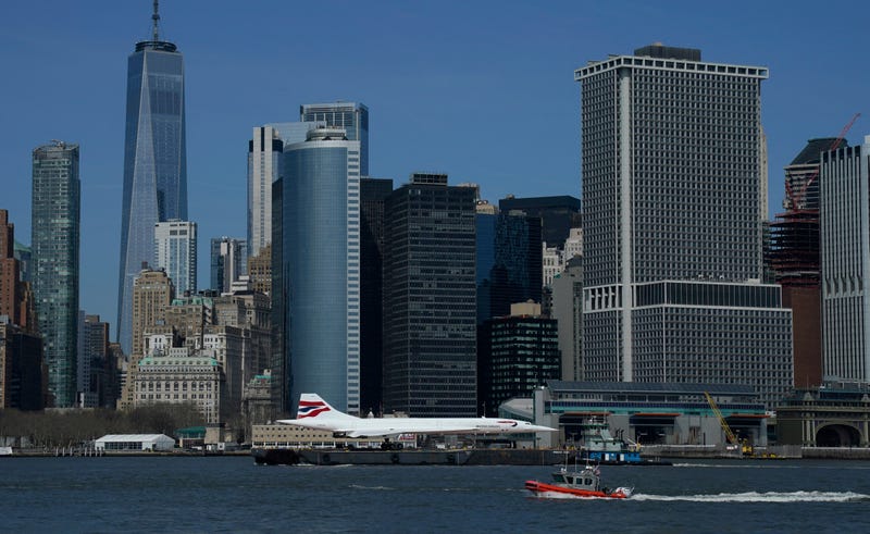 The Intrepid Museum's iconic British Airways Concorde G-BOAD (Alpha Delta) supersonic jet passes by Lower Manhattan, in New York on March 13, 2024