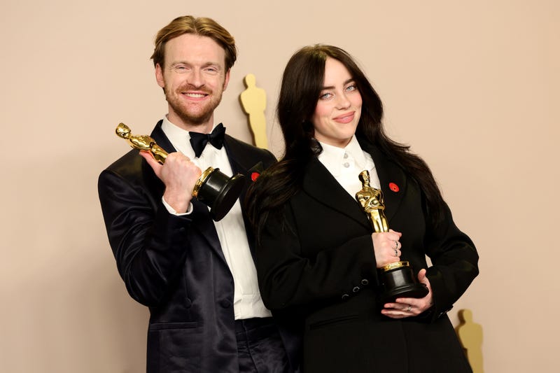 (L-R) Finneas O'Connell and Billie Eilish, winners of the Best Original Song award for 'What Was I Made For?' from "Barbie", pose in the press room during the 96th Annual Academy Awards at Ovation Hollywood on March 10, 2024 in Hollywood, California.