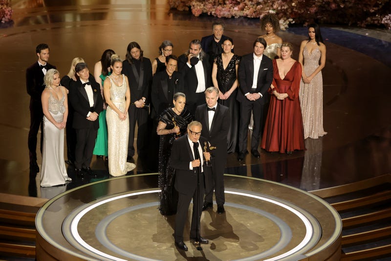 (L-R) Emma Thomas, Charles Roven, and Christopher Nolan accept the Best Picture award for "Oppenheimer" onstage during the 96th Annual Academy Awards at Dolby Theatre on March 10, 2024 in Hollywood, California. 