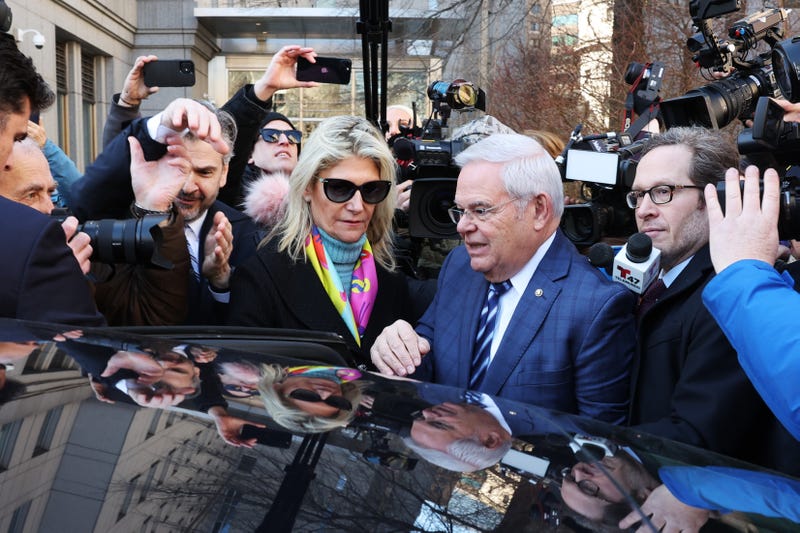 Sen. Bob Menendez (D-NJ) and his wife Nadine Menendez depart a Manhattan court following an arraignment on March 11, 2024, in New York City.