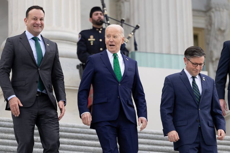  (L-R) Irish Taoiseach Leo Varadkar, U.S. President Joe Biden and Speaker of the House Mike Johnson (R-LA) walk down the east steps of the House of Representatives at the U.S. Capitol on March 15, 2023 in Washington, DC. Biden joined Varadkar and members of Congress for the traditional St. Patrick's Day Friends of Ireland luncheon. The Friends of Ireland caucus was founded in 1981 by the late Irish-American politicians Sen. Ted Kennedy (D-MA), Sen. Daniel Moynihan (D-NY) and former Speaker of the House Tip O'Neill (D-MA) to help broker peace and reconciliation in Northern Ireland. (Photo by Tom Brenner/Getty Images)