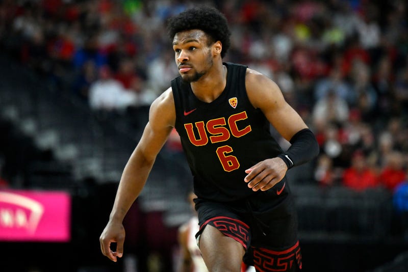 Bronny James #6 of the USC Trojans looks on in the second half of a quarterfinal game against the Arizona Wildcats during the Pac-12 Conference basketball tournament at T-Mobile Arena on March 14, 2024 in Las Vegas, Nevada.