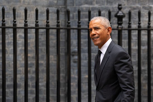 Former United States President Barack Obama arrives in Downing Street to meet UK Prime Minister, Rishi Sunak, on March 18, 2024 in London, England. 