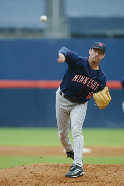 Pitcher Joe Mays #25 of the Minnesota Twins delivers the pitch during the Interleague MLB game against the San Diego Padres at Qualcomm Stadium on June 8, 2003 in San Diego, California.