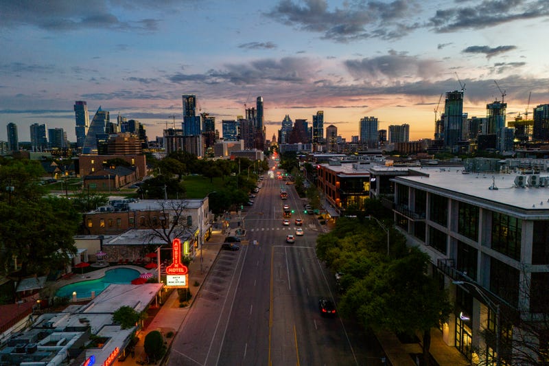 In an aerial view, the downtown skyline is seen on March 19, 2024 in Austin, Texas.
