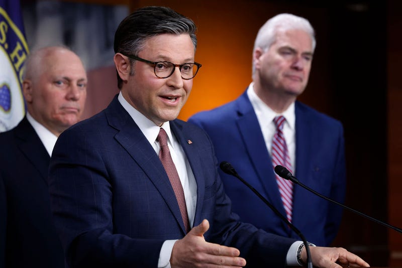 Speaker of the House Mike Johnson (R-LA) (C) speaks during a news conference with Majority Leader Steve Scalise (R-LA) (L) and Majority Whip Tom Emmer (R-MN).