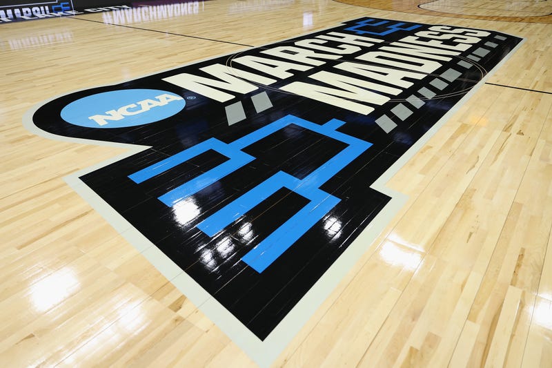 Detail of the March Madness logo on the court ahead of the NCAA Men's Basketball Tournament at Delta Center on March 20, 2024, in Salt Lake City.