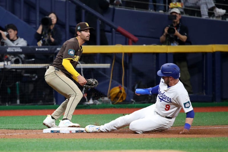 Gavin Lux #9 of the Los Angeles Dodgers slides safely into the third base in the 2nd inning during the 2024 Seoul Series game between San Diego Padres and Los Angeles Dodgers at Gocheok Sky Dome on March 21, 2024 in Seoul, South Korea.