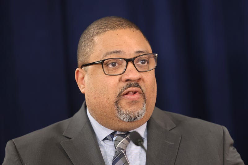 Manhattan District Attorney Alvin Bragg speaks during an unrelated press conference earlier this year