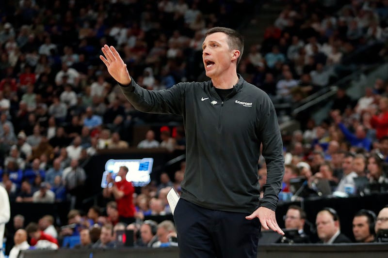 Head coach Bucky McMillan of the Samford Bulldogs reacts during the first half against the Kansas Jayhawks in the first round of the NCAA Men's Basketball Tournament at Delta Center on March 21, 2024, in Salt Lake City, Utah.