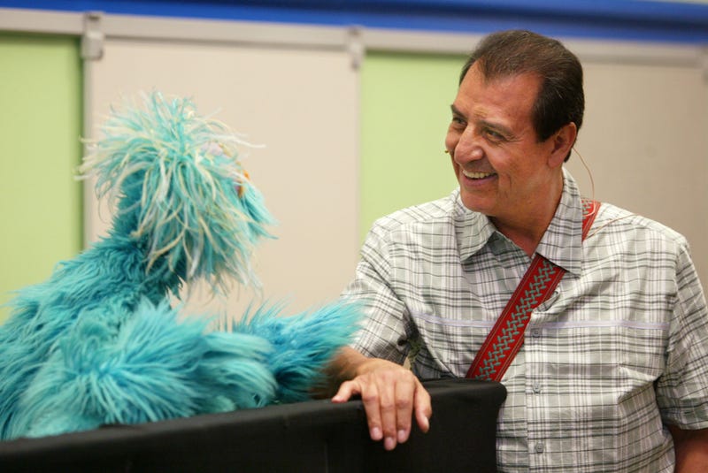 Sesame Street's Luis (R) and Muppet Rosita chat during the introduction of the "You Can Ask!" program June 25, 2003 in New York City. "You Can Ask!" is a program that aims to help identify and deal with stress in children ages 3 to 8, and was funded by FEMA in the aftermath of the September 11, 2001 terrorist attacks.