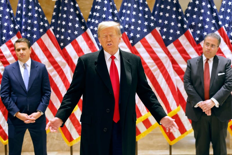 Former President Donald Trump speaks during a press conference at 40 Wall Street after a pre-trial hearing on March 25, 2024 in New York City. Judge Juan Merchan scheduled Trump's criminal trial to begin on April 15, which would make it the first criminal prosecution of a former American president. Trump was charged with 34 counts of falsifying business records last year, which prosecutors say was an effort to hide a potential sex scandal, both before and after the 2016 election. (Photo by Michael M. Santiago/Getty Images)