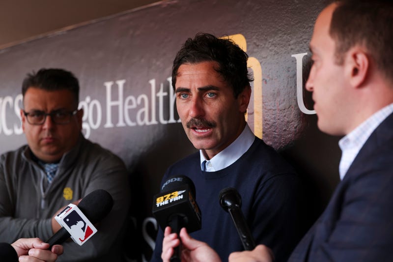 President of Baseball Operations and General Manager A.J. Preller of the San Diego Padres speaks to media prior to an Opening Day game against the San Francisco Giants at PETCO Par