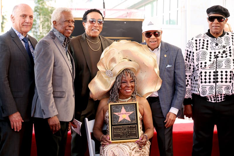HOLLYWOOD, CALIFORNIA - MARCH 27: (L-R) Steve Nissen, President and CEO, Hollywood Chamber of Commerce, William "Mickey" Stevenson, Smokey Robinson, honoree Martha Reeves, Berry Gordy and Stevie Wonder attend the Hollywood Walk of Fame Star Ceremony for Martha Reeves on March 27, 2024 in Hollywood, California. (Photo by Amy Sussman/Getty Images)