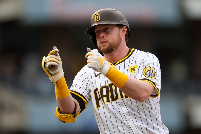 SAN DIEGO, CALIFORNIA - MARCH 30: Jake Cronenworth #9 of the San Diego Padres celebrates after hitting a single in the fourth inning during a game against the San Francisco Giants at PETCO Park on March 30, 2024 in San Diego, California.