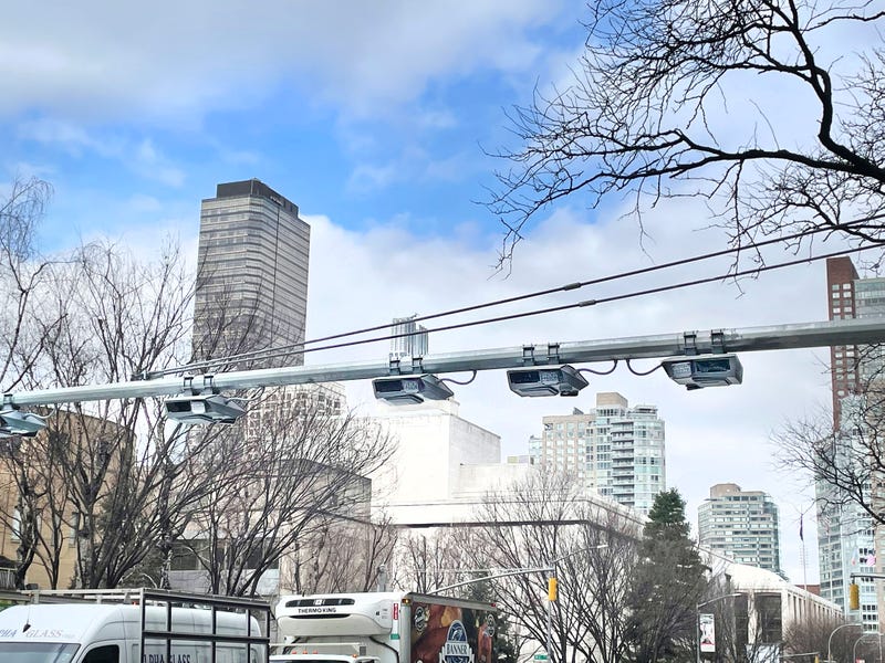 Congestion pricing gantries are seen on Ninth Avenue in Manhattan