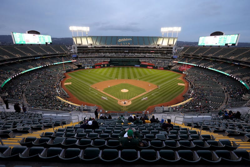 A general view of the pitch thrown by Alex Wood #57 of the Oakland Athletics during their game against the Cleveland Guardians at Oakland Coliseum on March 28, 2024 in Oakland, California.