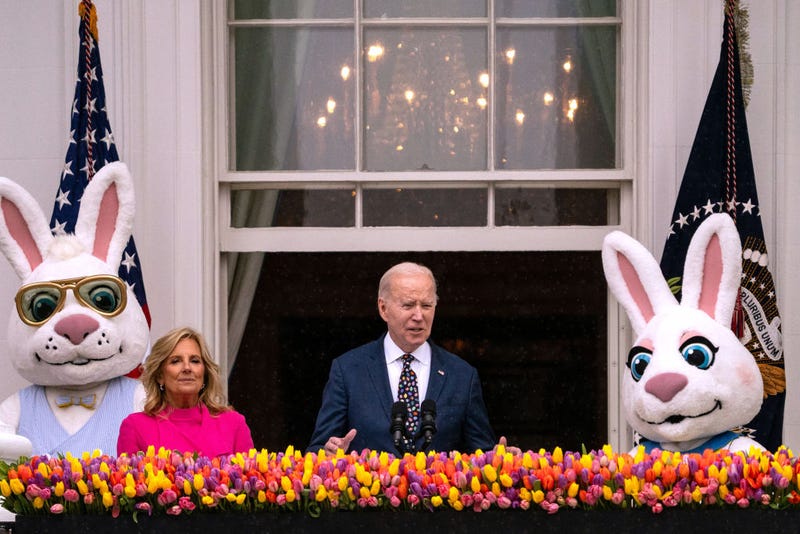 First lady Dr. Jill Biden listens as President Joe Biden delivers remarks during the annual White House Easter Egg Roll on the South Lawn of the White House on April 1, 2024 in Washington, DC. 