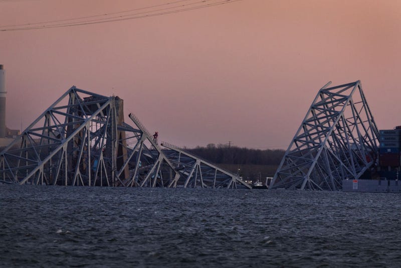 The sun sets on the collapsed Francis Scott Key Bridge on March 29, 2024 in Baltimore, Maryland. The bridge, which was used by roughly 30,000 vehicles each day, fell into the Patapsco River after being struck by the Dali, a cargo ship leaving the Port of Baltimore at around 1:30am on Tuesday morning on March 26th. The bodies of two men who were on the bridge at the time of the accident have been recovered from the water, four other are still missing and presumed dead, two others were rescued and treated for injuries shortly after the accident. The Port of Baltimore, one of the largest and busiest on the East Coast of the U.S., remains temporarily closed due to the incident. (Photo by Scott Olson/Getty Images)