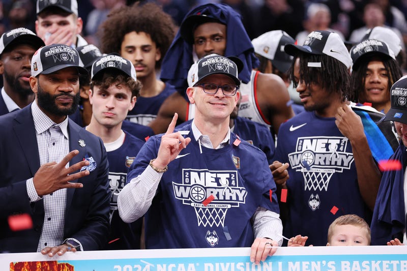 Head coach Dan Hurley of the Connecticut Huskies celebrates after defeating the Illinois Fighting Illini in the Elite 8 round of the NCAA Men's Basketball Tournament at TD Garden on March 30, 2024 in Boston, Massachusetts.