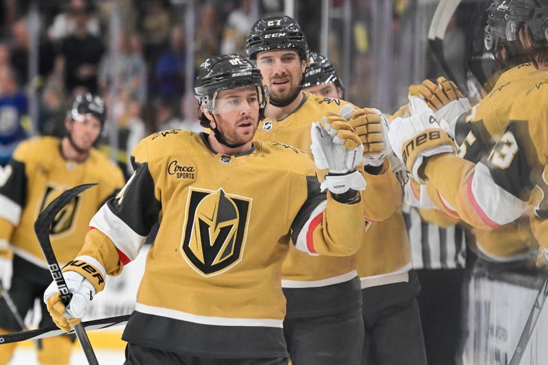onathan Marchessault #81 of the Vegas Golden Knights celebrates with teammates on the bench after after scoring a first-period goal against the Vancouver Canucks at T-Mobile Arena on April 02, 2024