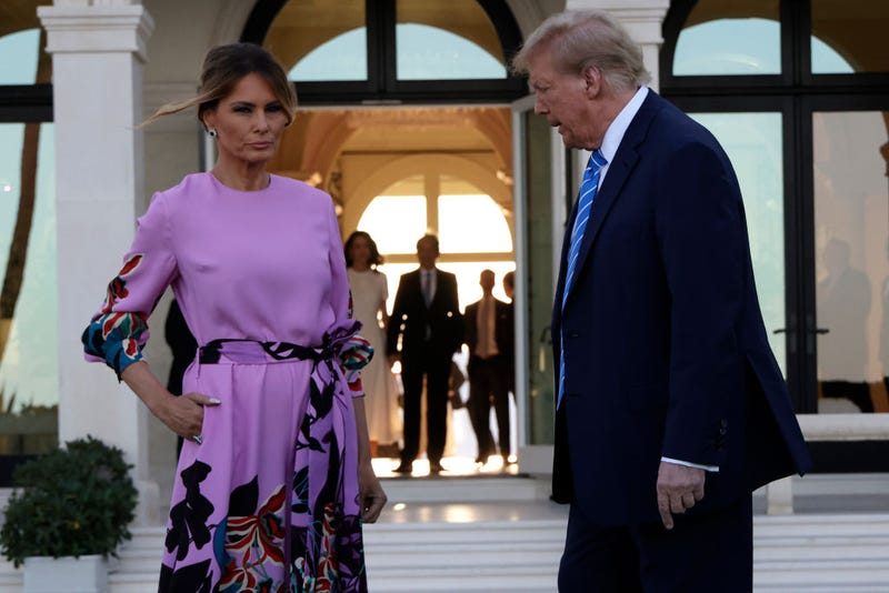 Republican presidential candidate, former US President Donald Trump and former first lady Melania Trump arrive at the home of billionaire investor John Paulson on April 6, 2024 in Palm Beach, Florida. Donald Trump's campaign is expecting to raise more than 40 million dollars when major donors gather a fundraiser billed as the "Inaugural Leadership Dinner". (Photo by Alon Skuy/Getty Images)