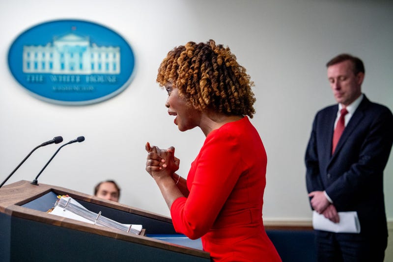 White House Press Secretary Karine Jean-Pierre, accompanied by National Security Advisor Jake Sullivan, (R) speaks during a news conference in the Brady Press Briefing Room at the White House on April 9, 2024 in Washington, DC. Jean-Pierre and Sullivan discussed the Connecticut Huskies winning the NCAA Men's Basketball Tournament National Championship, Japan's Prime Minister Kishida's upcoming State visit to the White House, the ongoing hostage situation in Gaza and other topics. (Photo by Andrew Harnik/Getty Images)