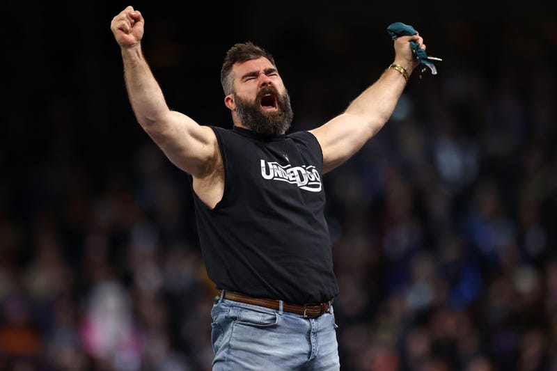 Retired Philadelphia Eagle Jason Kelce reacts following a match during Night One of WrestleMania 40 at Lincoln Financial Field on April 6.