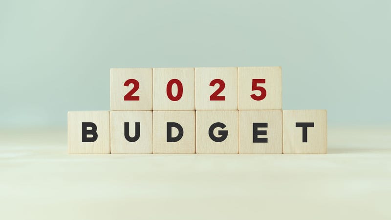 2025 Budget planning and allocation concept. Wooden cube with "BUDGET 2025" on smart grey background, copy space.
