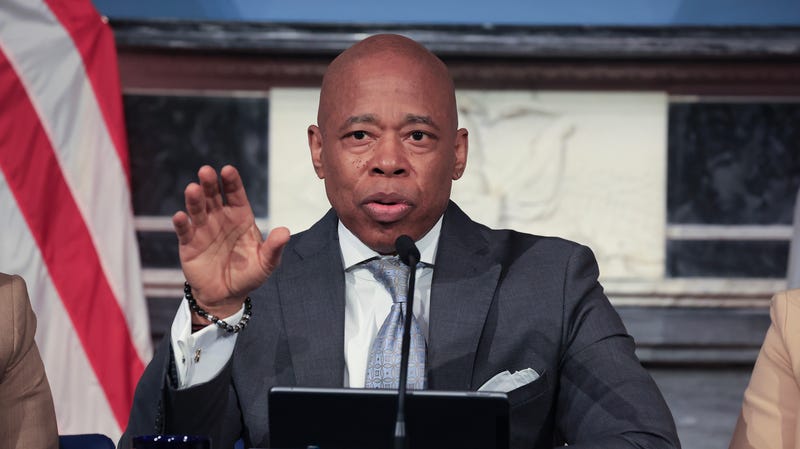 Mayor Eric Adams speaks during his weekly in-person news conference at City Hall's Blue Room on Tuesday, April 2, 2024