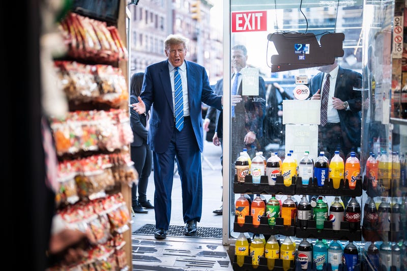 Former President Donald Trump visits Sanaa convenient store, a bodega in upper Manhattan, minutes after leaving Manhattan criminal court, in New York, NY on Tuesday, April 16, 2024