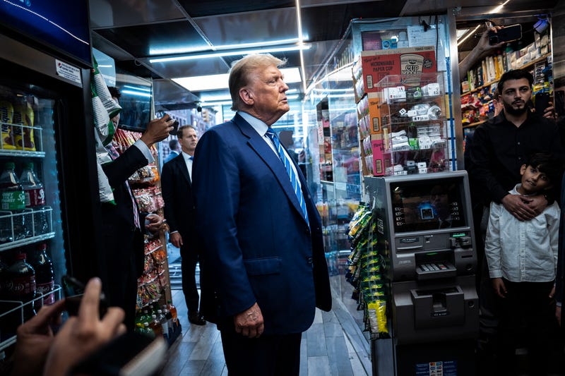 Former President Donald Trump visits Sanaa convenient store, a bodega in upper Manhattan, minutes after leaving Manhattan criminal court, in New York, NY on Tuesday, April 16, 2024