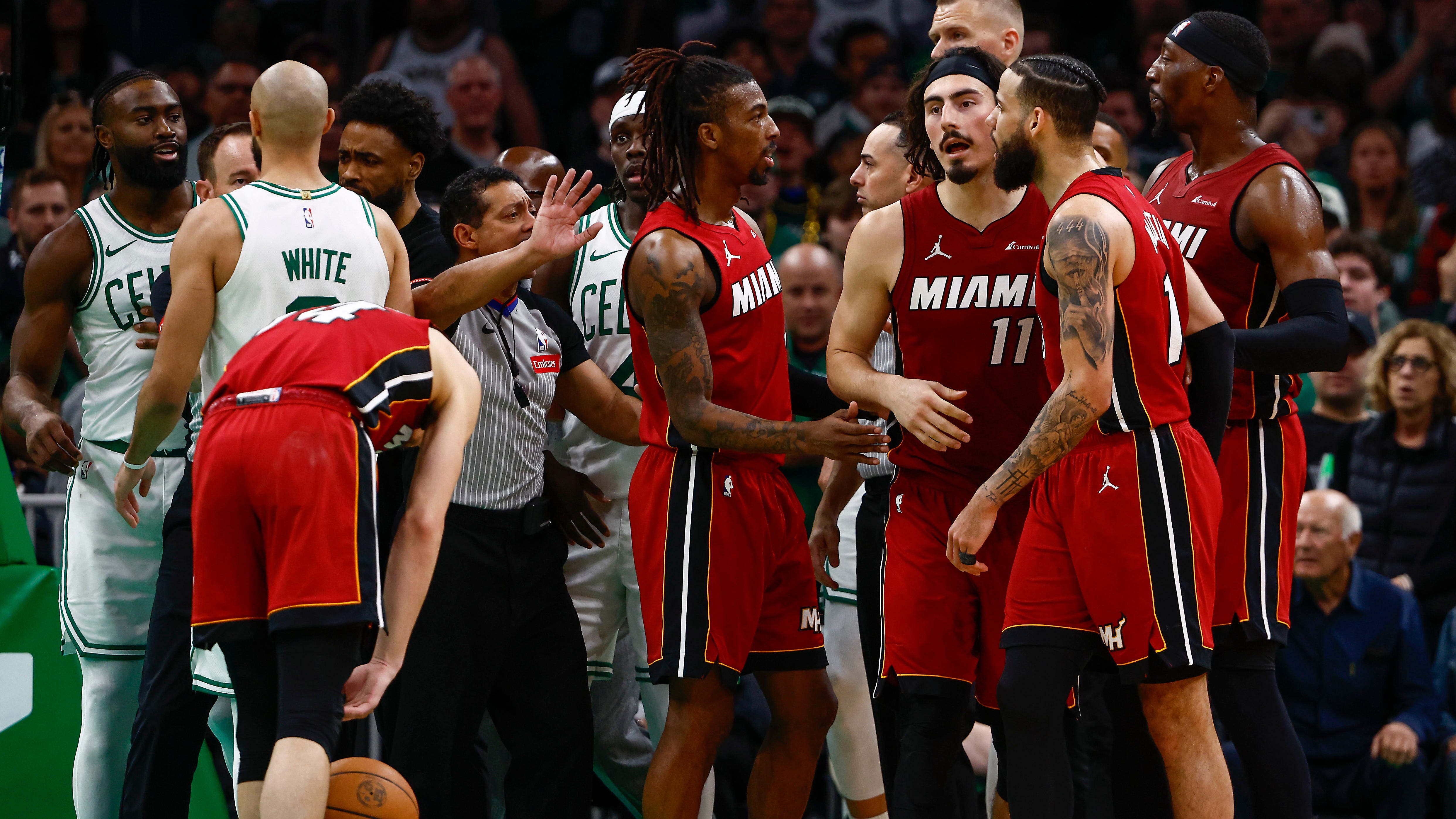 Jayson Tatum, Caleb Martin react to Game 1 dustup