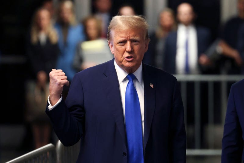 Former U.S. President Donald Trump speaks to the media as he leaves court during his trial for allegedly covering up hush money payments at Manhattan Criminal Court on April 22, 2024 in New York City. 