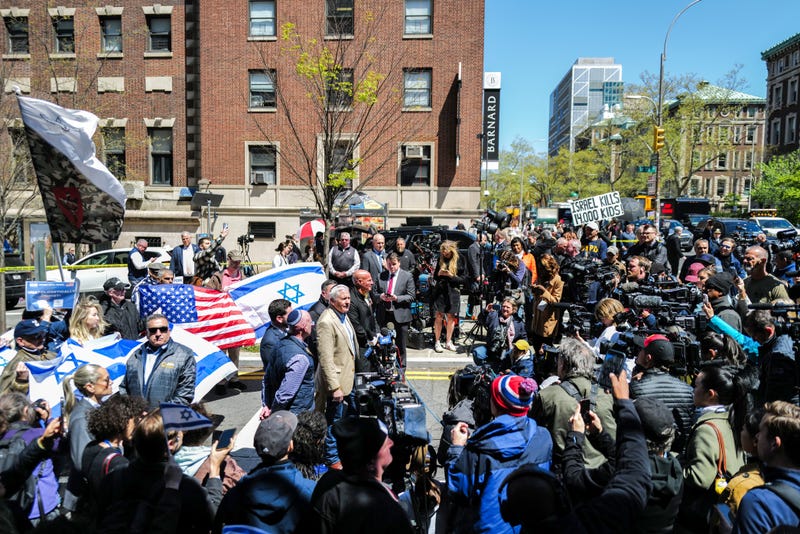 Nassau County Executive Bruce A Blakeman speaks in front of the entrance of Columbia University which is occupied by pro-Palestian protesters in New York on April 22, 2024
