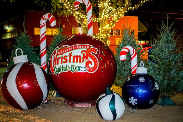 Oversized Christmas tree ornaments in Grapevine the Christmas Capital of Texas