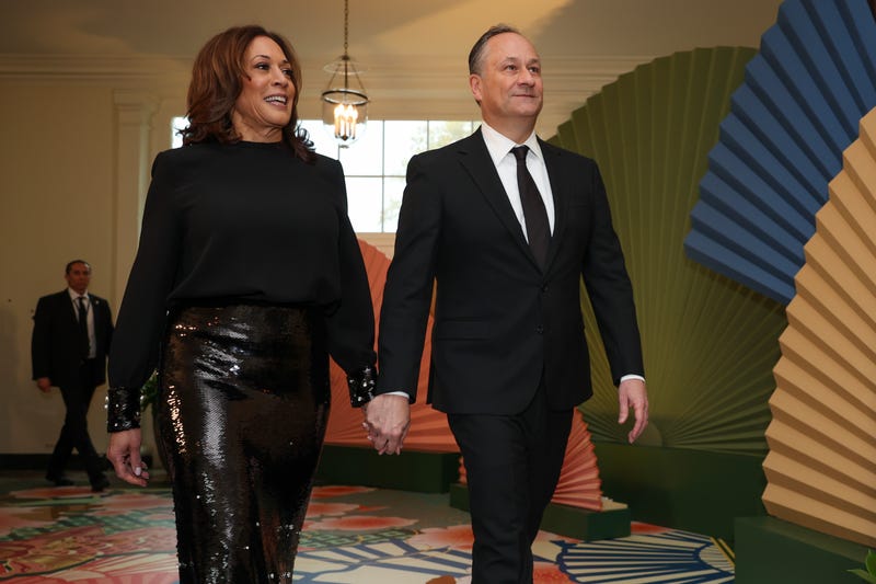 Vice President Kamala Harris and Second Gentleman Douglas Emhoff arrive at the White House for a state dinner on April 10, 2024 in Washington, DC. U.S. President Joe Biden and first lady Jill Biden are hosted a state dinner for Japanese Prime Minister Fumio Kishida as part of his official state visit.