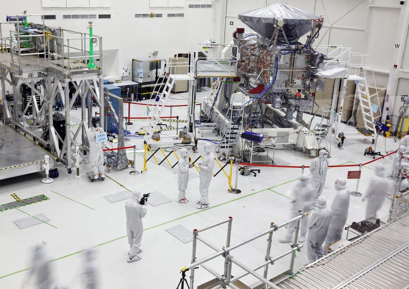 The NASA Europa Clipper spacecraft is viewed during a media tour inside a Spacecraft Assembly Facility clean room at NASA's Jet Propulsion Laboratory (JPL) on April 11, 2024 in Pasadena, California.