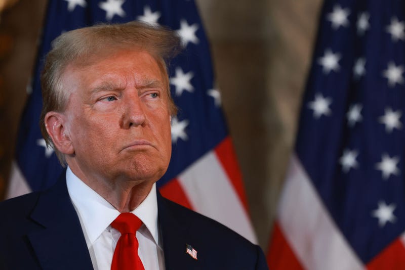 Republican presidential candidate former President Donald Trump during a joint press conference with Speaker of the House Mike Johnson (R-LA) at Mr. Trump's Mar-a-Lago estate on April 12, 2024, in Palm Beach, Florida. 