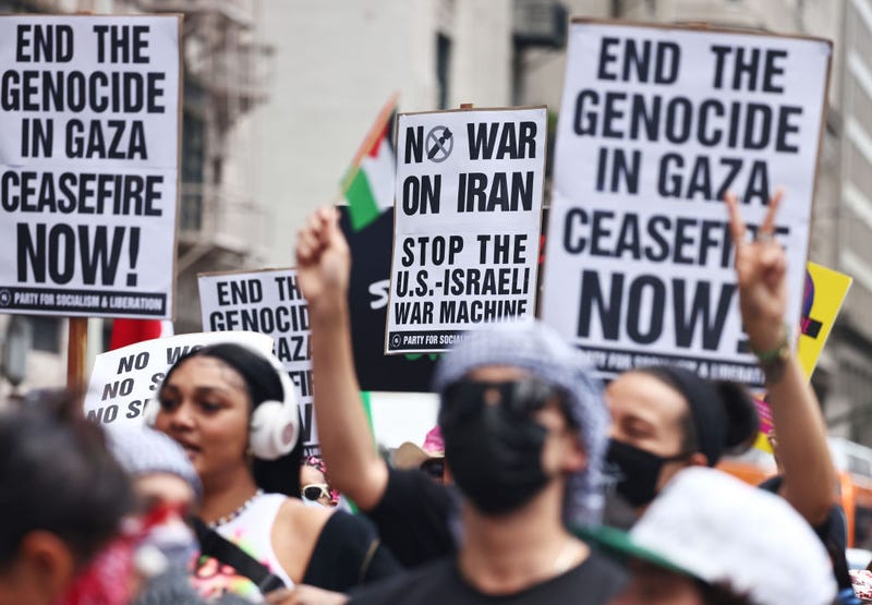 Pro-Palestinian demonstrators march during a 'Strike for Gaza' protest, calling for a permanent ceasefire in the war in Gaza on April 15, 2024 in Los Angeles, California.