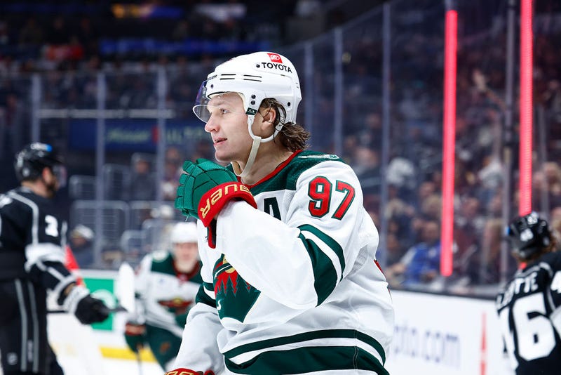 Kirill Kaprizov #97 of the Minnesota Wild celebrates a goal. 